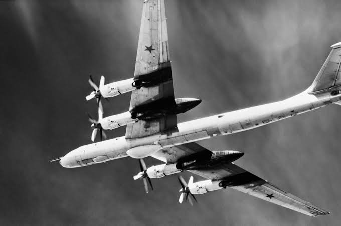A Tu-95 plane, with the Big Bulge Ground Search Radar's dome visible.
