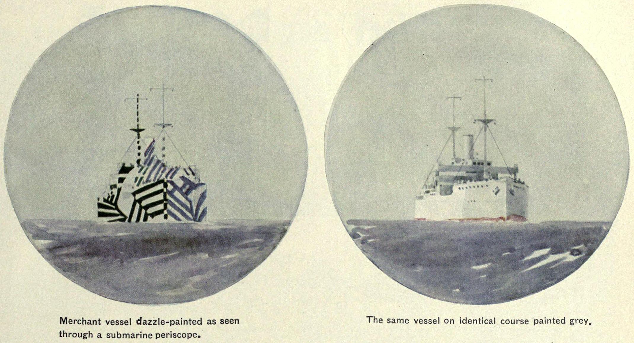 Two periscope views of the same merchant vessel on the same course: on the left painted in dazzle camouflage, on the right painted plain grey.